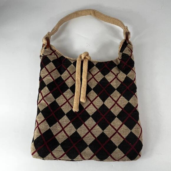 Reversible Sweater Purse Satchel Plaid Knit Wood Winter Cozy Fall Accessory Bag - Picture 2 of 10